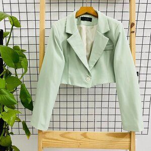 Mint Green Cropped Single Button Blazer Jacket 🌿